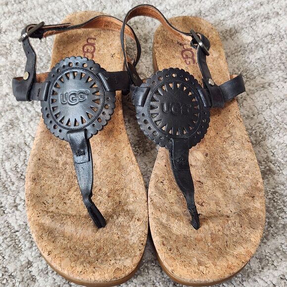 UGG women's Ayden II t-strap thong leather sandals black size 9 - Picture 4 of 9